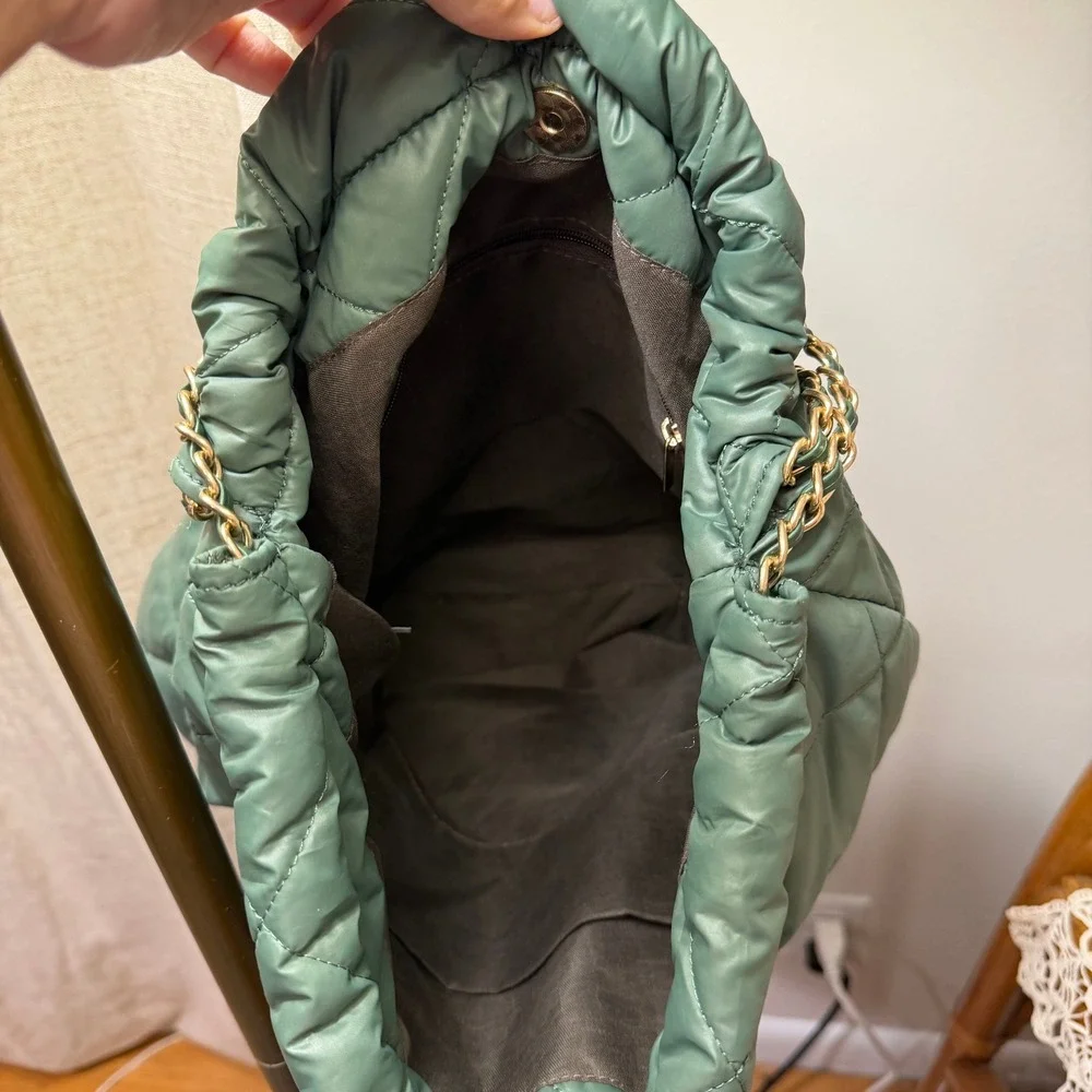 Quilted Puffer Chain Hobo Bag Olive Green Pillow Shoulder Bag  Y2K Luxury